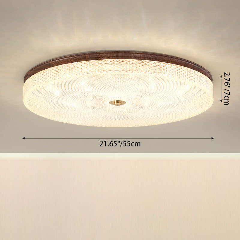 Traditional Chinese Iron Acrylic Round Wood Grain LED Flush Mount Ceiling Light For Living Room