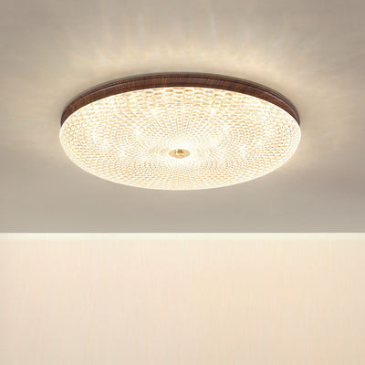 Traditional Chinese Iron Acrylic Round Wood Grain LED Flush Mount Ceiling Light For Living Room