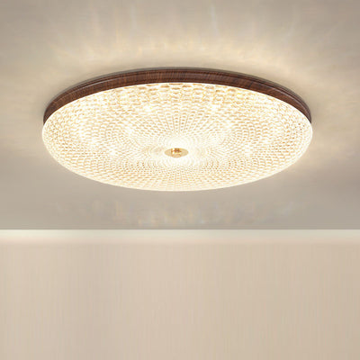 Traditional Chinese Iron Acrylic Round Wood Grain LED Flush Mount Ceiling Light For Living Room