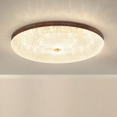 Traditional Chinese Iron Acrylic Round Wood Grain LED Flush Mount Ceiling Light For Living Room