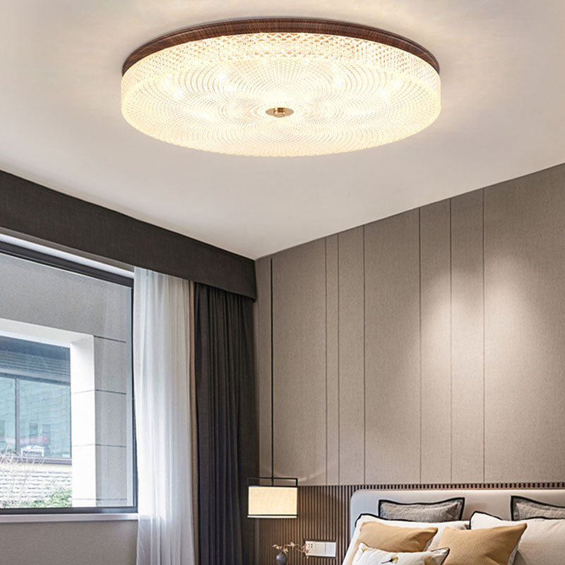 Traditional Chinese Iron Acrylic Round Wood Grain LED Flush Mount Ceiling Light For Living Room