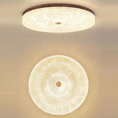 Traditional Chinese Iron Acrylic Round Wood Grain LED Flush Mount Ceiling Light For Living Room