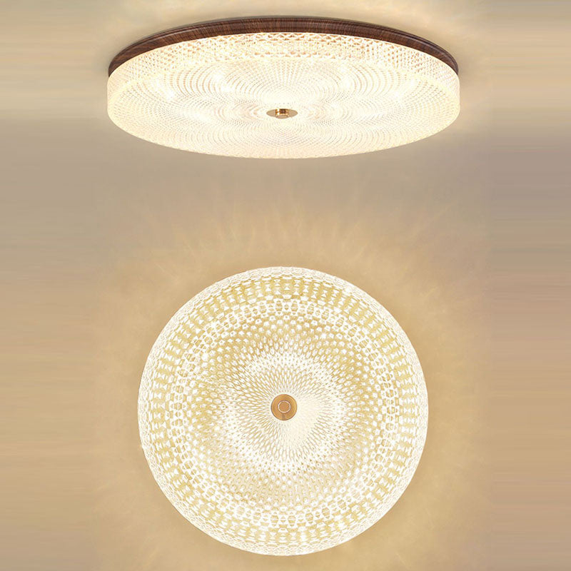 Traditional Chinese Iron Acrylic Round Wood Grain LED Flush Mount Ceiling Light For Living Room