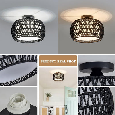 Contemporary Boho Hollow Cage Shape Hemp Rope Weaving Iron 1-Light Semi-Flush Mount Ceiling Light For Hallways