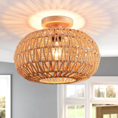 Contemporary Boho Hollow Cage Shape Hemp Rope Weaving Iron 1-Light Semi-Flush Mount Ceiling Light For Hallways