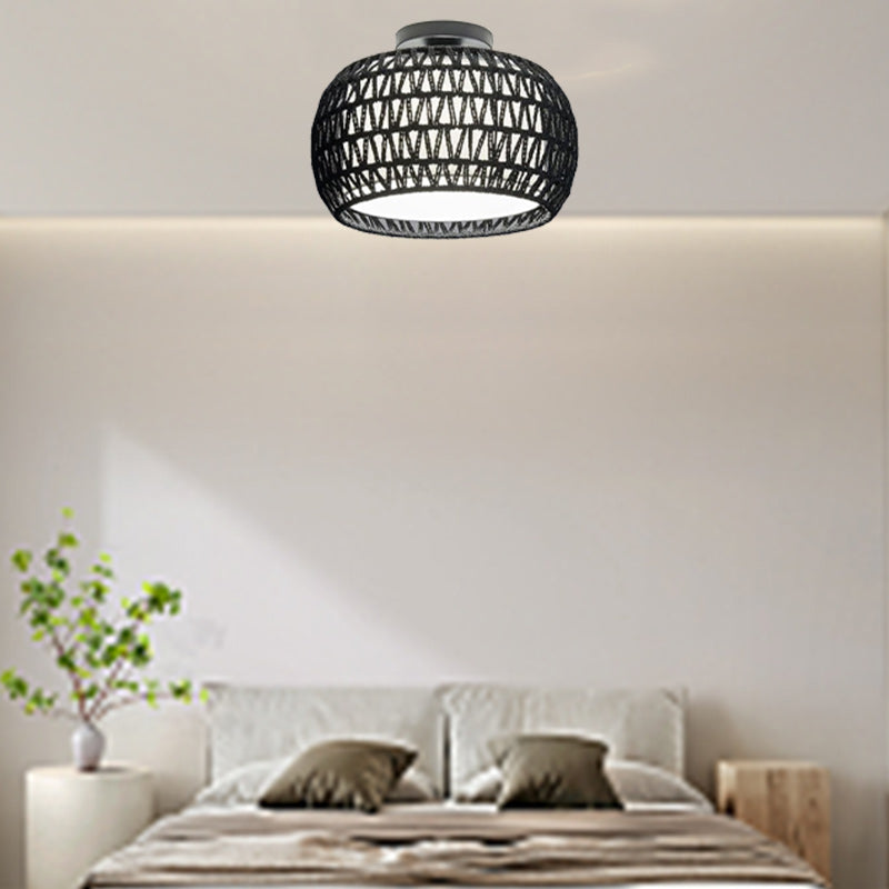 Contemporary Boho Hollow Cage Shape Hemp Rope Weaving Iron 1-Light Semi-Flush Mount Ceiling Light For Hallways