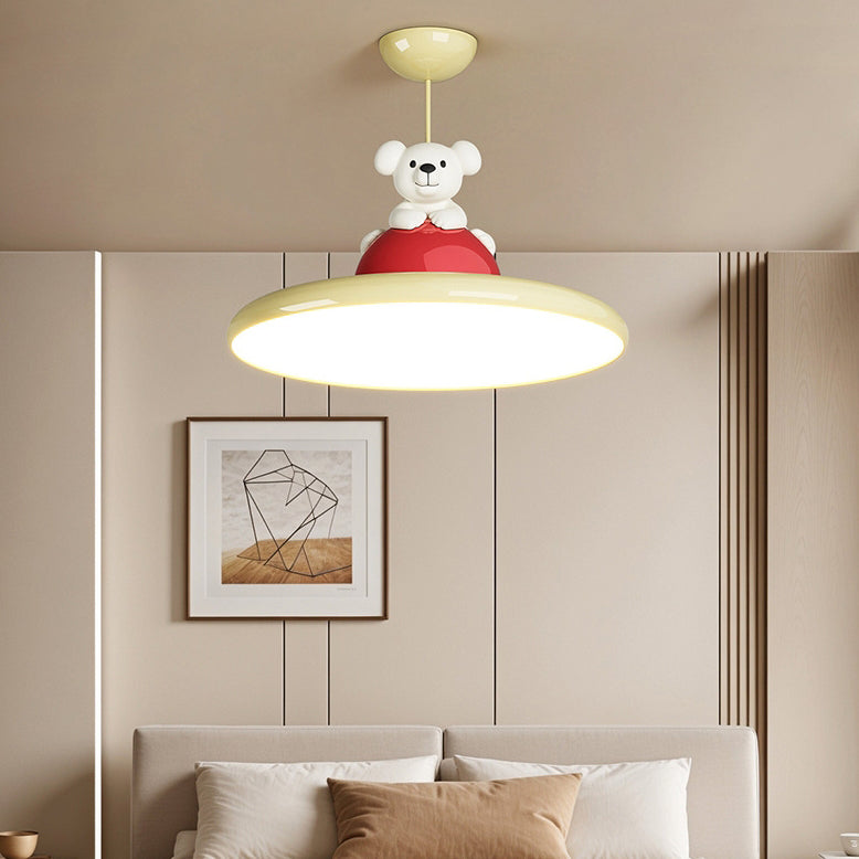 Contemporary Creative Cartoon Kids Bear Circle Iron Acrylic LED Semi-Flush Mount Lighting For Bedroom