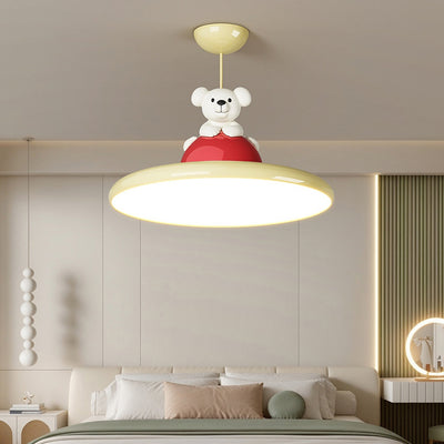 Contemporary Creative Cartoon Kids Bear Circle Iron Acrylic LED Semi-Flush Mount Lighting For Bedroom