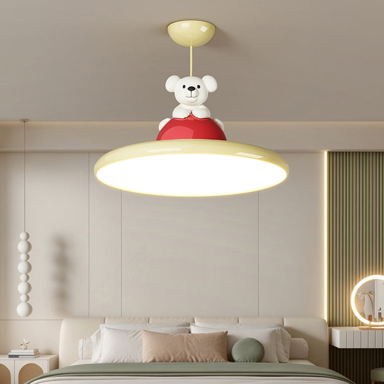 Contemporary Creative Cartoon Kids Bear Circle Iron Acrylic LED Semi-Flush Mount Lighting For Bedroom