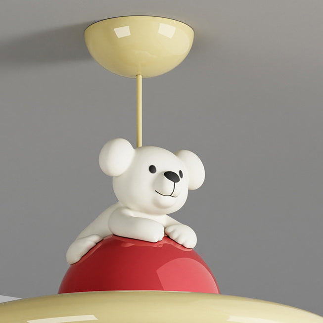 Contemporary Creative Cartoon Kids Bear Circle Iron Acrylic LED Semi-Flush Mount Lighting For Bedroom