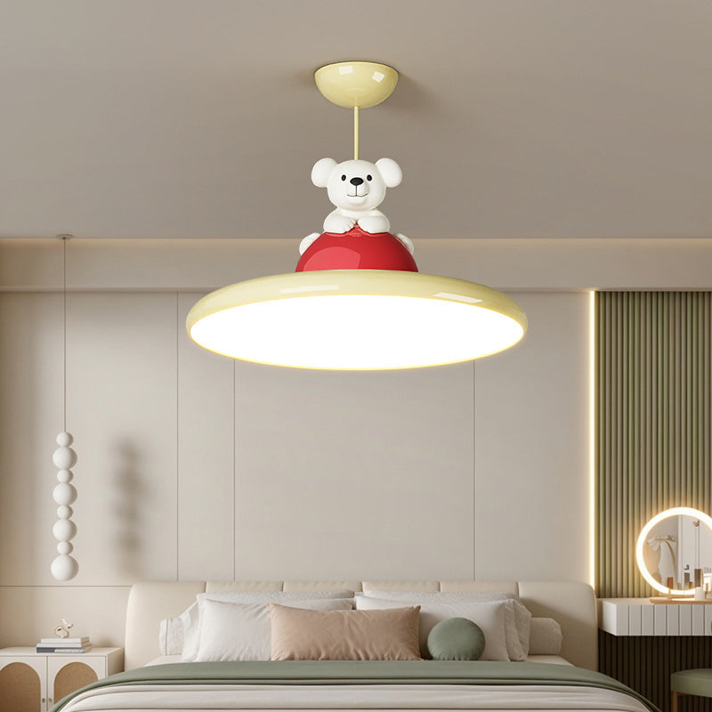 Contemporary Creative Cartoon Kids Bear Circle Iron Acrylic LED Semi-Flush Mount Lighting For Bedroom