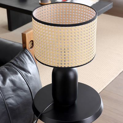 Lámpara de mesa de 1 luz con forma de tambor retro contemporáneo, cuerda torcida de lino y hierro para dormitorio 