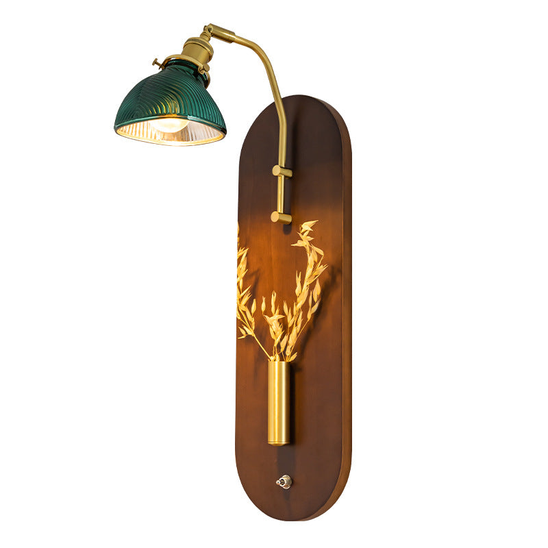 Traditional Chinese Rotatable Oval Base Copper Wheat Ears Iron Wood Glass 1-Light Wall Sconce Lamp For Bedroom