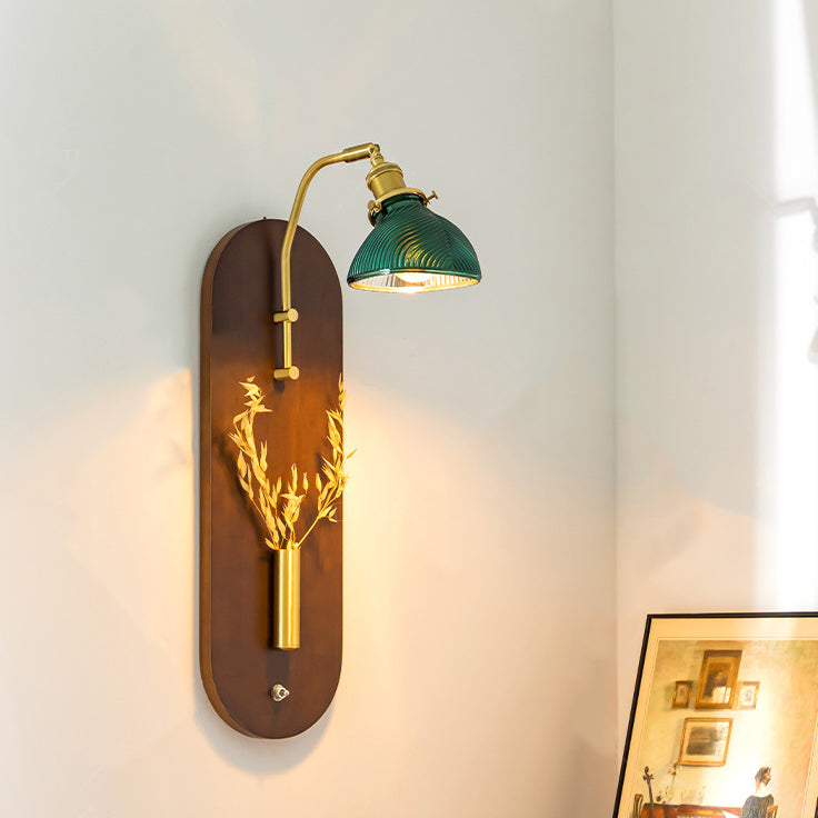 Traditional Chinese Rotatable Oval Base Copper Wheat Ears Iron Wood Glass 1-Light Wall Sconce Lamp For Bedroom