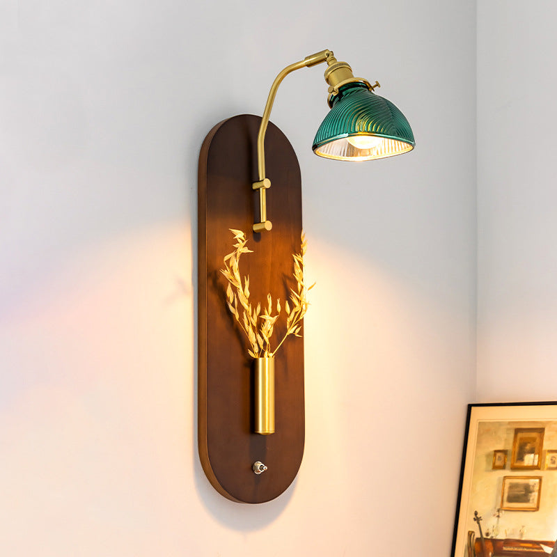 Traditional Chinese Rotatable Oval Base Copper Wheat Ears Iron Wood Glass 1-Light Wall Sconce Lamp For Bedroom