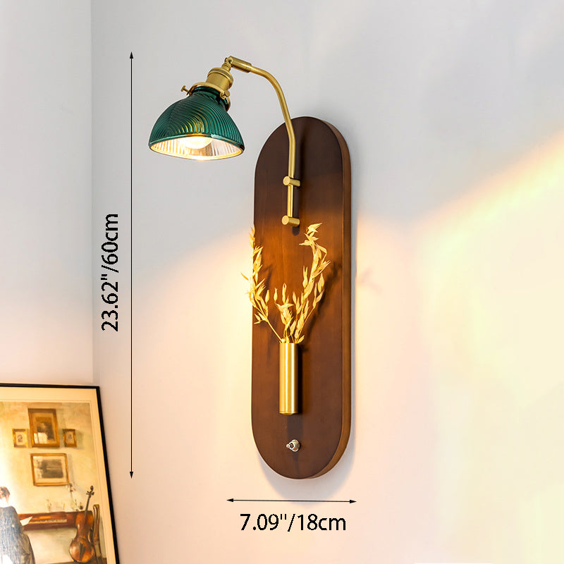 Traditional Chinese Rotatable Oval Base Copper Wheat Ears Iron Wood Glass 1-Light Wall Sconce Lamp For Bedroom