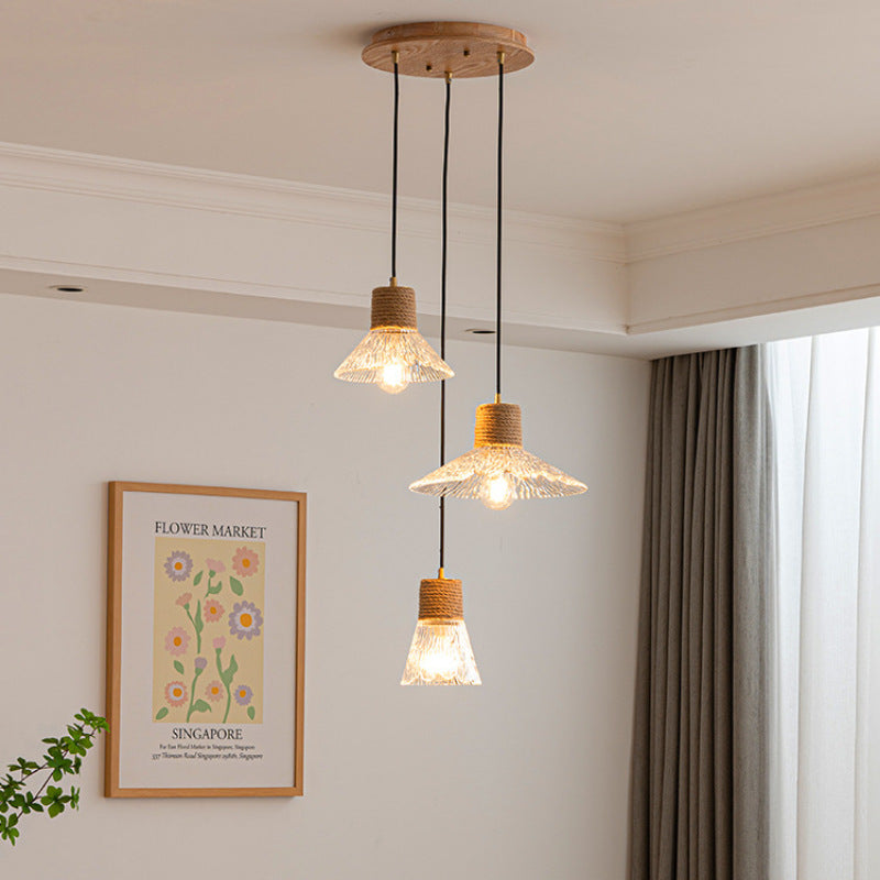 Contemporary Nordic Round Long Plate Conical Glass Hemp Rope Wood 3-Light Chandeliers For Living Room