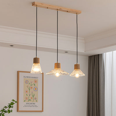 Contemporary Nordic Round Long Plate Conical Glass Hemp Rope Wood 3-Light Chandeliers For Living Room