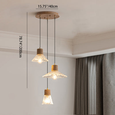 Contemporary Nordic Round Long Plate Conical Glass Hemp Rope Wood 3-Light Chandeliers For Living Room