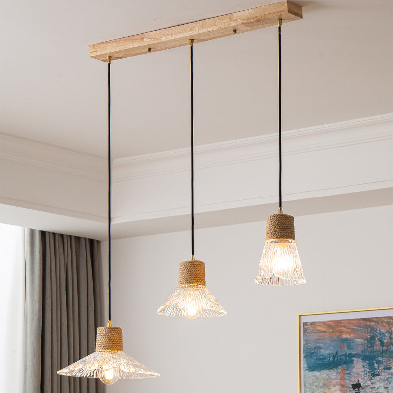 Contemporary Nordic Round Long Plate Conical Glass Hemp Rope Wood 3-Light Chandeliers For Living Room