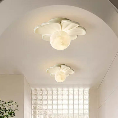 Contemporary Creative Cream Floral Ball Iron Resin Shade 1-Light Semi-Flush Mount Light For Hallway