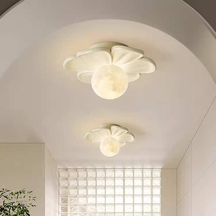 Contemporary Creative Cream Floral Ball Iron Resin Shade 1-Light Semi-Flush Mount Light For Hallway