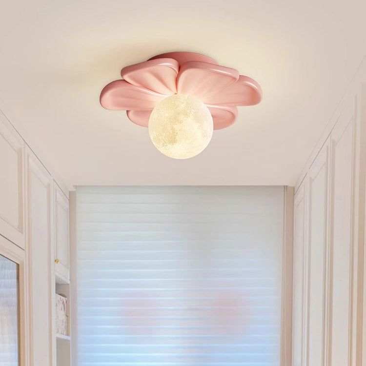 Contemporary Creative Cream Floral Ball Iron Resin Shade 1-Light Semi-Flush Mount Light For Hallway