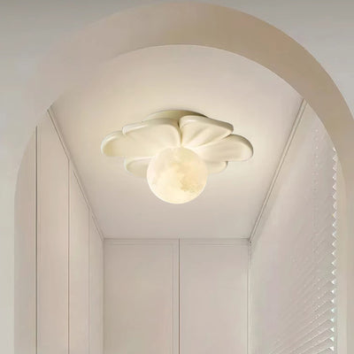 Contemporary Creative Cream Floral Ball Iron Resin Shade 1-Light Semi-Flush Mount Light For Hallway