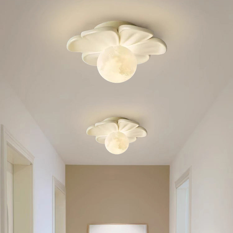 Contemporary Creative Cream Floral Ball Iron Resin Shade 1-Light Semi-Flush Mount Light For Hallway