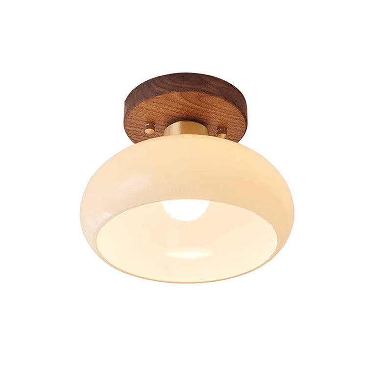 Contemporary Scandinavian Exposed Concealed Installation Drum Round Bowl Ribbed Glass Iron Wood Copper 1-Light Semi-Flush Mount Ceiling Light For Hallway