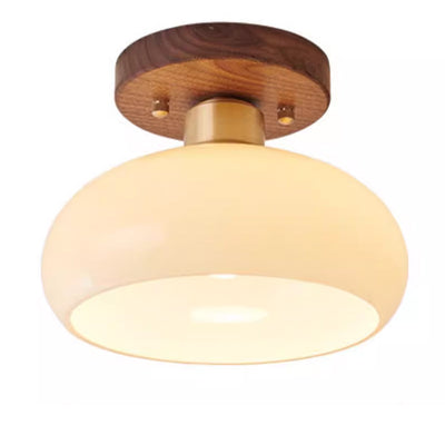 Contemporary Scandinavian Exposed Concealed Installation Drum Round Bowl Ribbed Glass Iron Wood Copper 1-Light Semi-Flush Mount Ceiling Light For Hallway