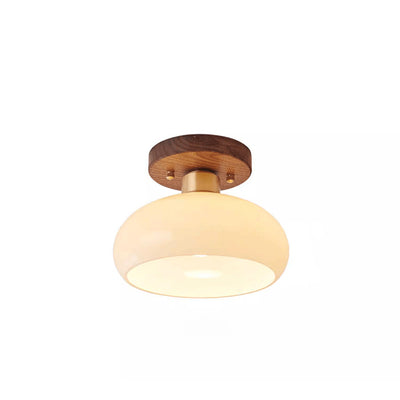 Contemporary Scandinavian Exposed Concealed Installation Drum Round Bowl Ribbed Glass Iron Wood Copper 1-Light Semi-Flush Mount Ceiling Light For Hallway