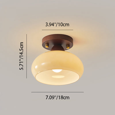 Contemporary Scandinavian Exposed Concealed Installation Drum Round Bowl Ribbed Glass Iron Wood Copper 1-Light Semi-Flush Mount Ceiling Light For Hallway