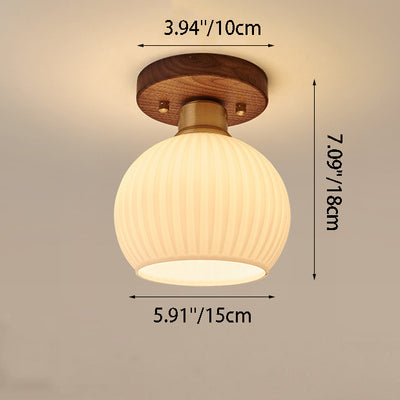 Contemporary Scandinavian Exposed Concealed Installation Drum Round Bowl Ribbed Glass Iron Wood Copper 1-Light Semi-Flush Mount Ceiling Light For Hallway