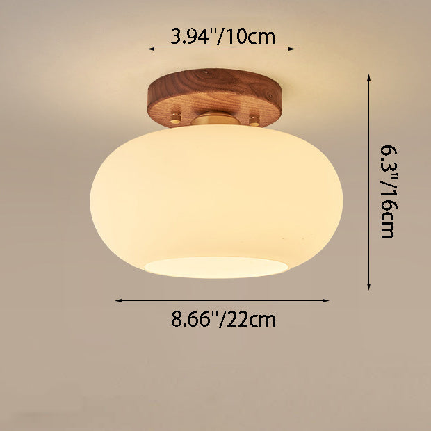 Contemporary Scandinavian Exposed Concealed Installation Drum Round Bowl Ribbed Glass Iron Wood Copper 1-Light Semi-Flush Mount Ceiling Light For Hallway