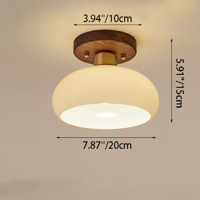 Contemporary Scandinavian Exposed Concealed Installation Drum Round Bowl Ribbed Glass Iron Wood Copper 1-Light Semi-Flush Mount Ceiling Light For Hallway