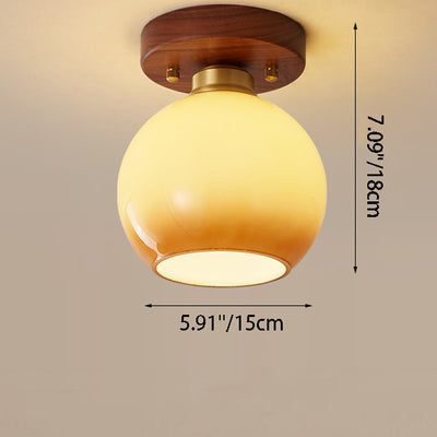 Contemporary Scandinavian Exposed Concealed Installation Drum Round Bowl Ribbed Glass Iron Wood Copper 1-Light Semi-Flush Mount Ceiling Light For Hallway