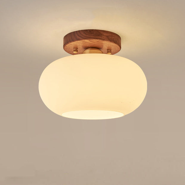 Contemporary Scandinavian Exposed Concealed Installation Drum Round Bowl Ribbed Glass Iron Wood Copper 1-Light Semi-Flush Mount Ceiling Light For Hallway