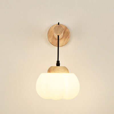 Traditional Japanese Cotton Dome Ribbed Glass PE Shade Wood 1-Light Wall Sconce Lamp For Living Room