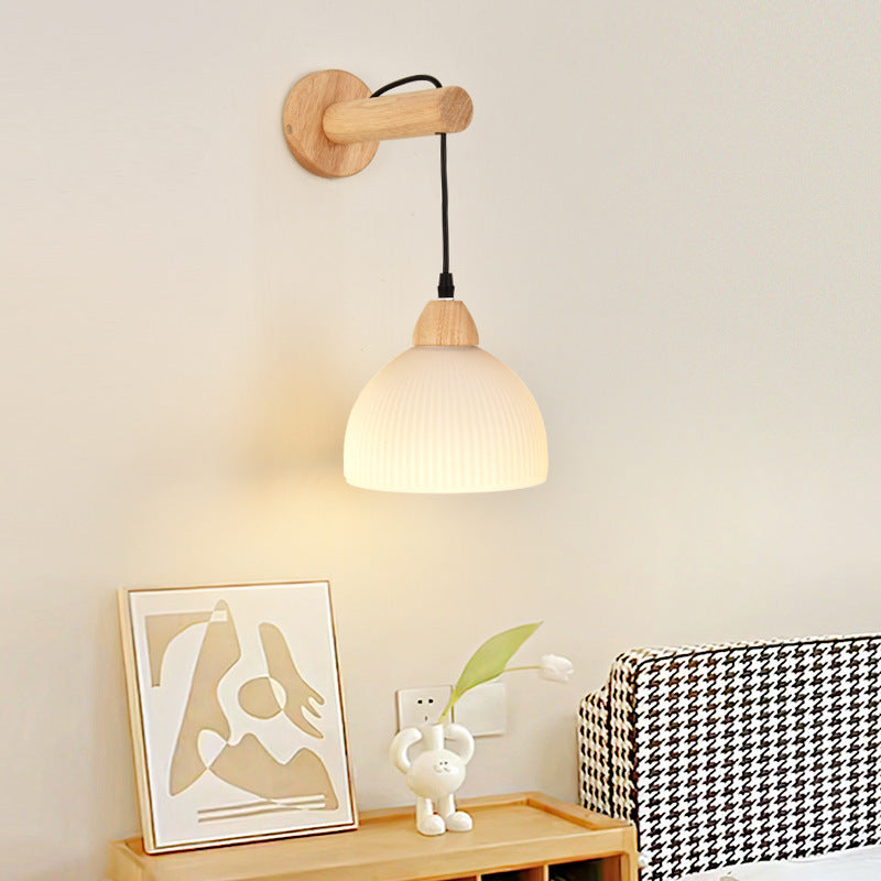 Traditional Japanese Cotton Dome Ribbed Glass PE Shade Wood 1-Light Wall Sconce Lamp For Living Room