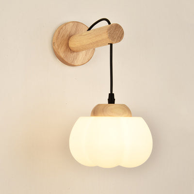 Traditional Japanese Cotton Dome Ribbed Glass PE Shade Wood 1-Light Wall Sconce Lamp For Living Room