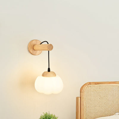 Traditional Japanese Cotton Dome Ribbed Glass PE Shade Wood 1-Light Wall Sconce Lamp For Living Room