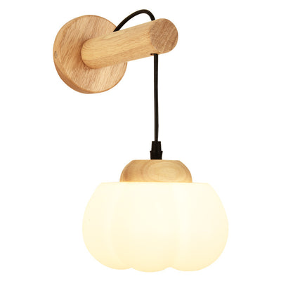 Traditional Japanese Cotton Dome Ribbed Glass PE Shade Wood 1-Light Wall Sconce Lamp For Living Room