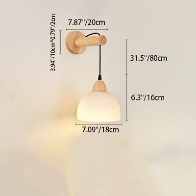 Traditional Japanese Cotton Dome Ribbed Glass PE Shade Wood 1-Light Wall Sconce Lamp For Living Room