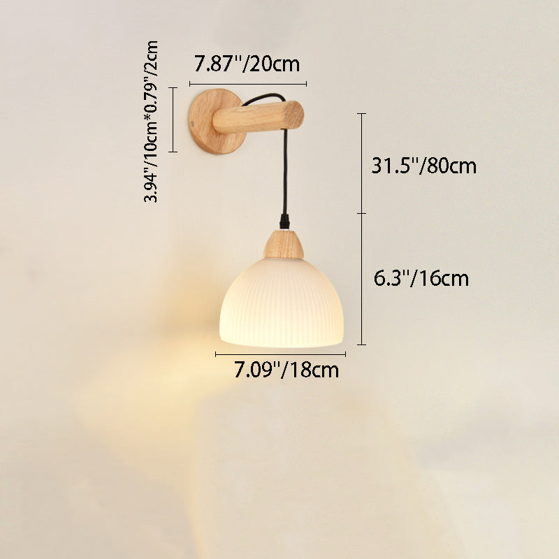 Traditional Japanese Cotton Dome Ribbed Glass PE Shade Wood 1-Light Wall Sconce Lamp For Living Room