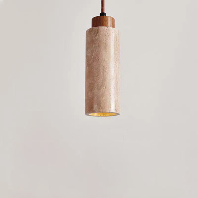 Traditional Japanese Cylinder Yellow Travertine Wood 1-Light Pendant Light For Living Room