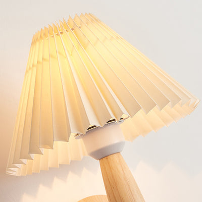 Traditional Chinese Pleated Umbrella Fabric Shade Wood 1-Light Wall Sconce Lamp For Living Room