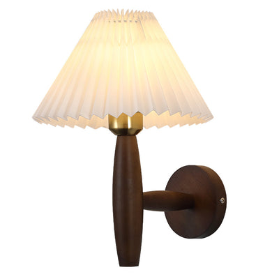 Traditional Chinese Pleated Umbrella Fabric Shade Wood 1-Light Wall Sconce Lamp For Living Room