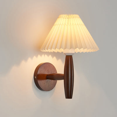 Traditional Chinese Pleated Umbrella Fabric Shade Wood 1-Light Wall Sconce Lamp For Living Room