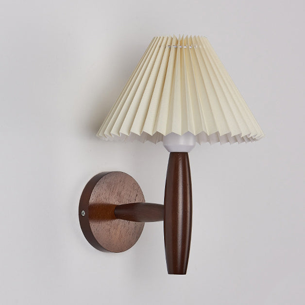 Traditional Chinese Pleated Umbrella Fabric Shade Wood 1-Light Wall Sconce Lamp For Living Room